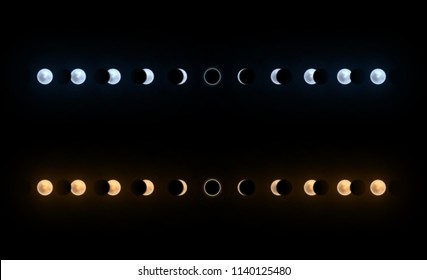 Solar and lunar eclipses full cycle. Sun and moon eclipses.