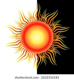 Solar mandala. Positive energy of the sun. Bright vector illustration of sun on black and white background. Isolated round sun design element. Bright flame.