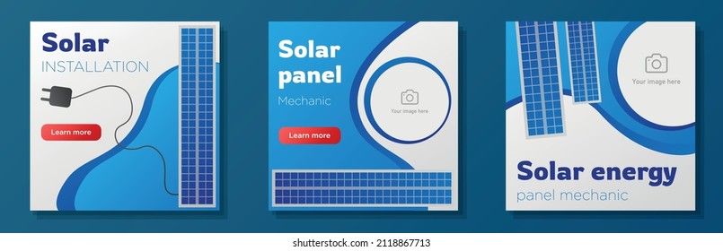 Solar Mechanic Social Media Post, Square Banner Set, Panel Installation Advertisement Concept, Ecological Green Energy Marketing Ad, Abstract Print, Isolated On Background.