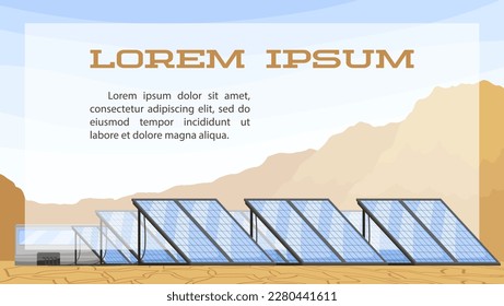 Solar mirror panels for renewable power generation banner. Ecology day and environment concept of green eco city with alternative energy. Solar power eco farm in Africa desert. Vector illustration