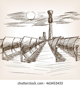 Solar mirror power plant sketch style vector illustration. Old hand drawn engraving imitation.