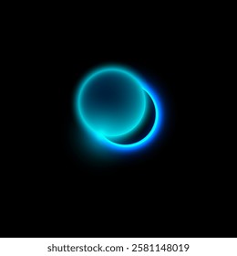 Solar or moon eclipse with blue blur light. Realistic partial planet eclipse in dark universe. Glowing space planets, shiny round aura with round dark silhouette. Vector Astronomical phenomenon