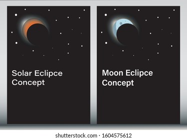 Solar and moon eclipse concept. Set of two A4 banners on black background. Vector EPS 10.