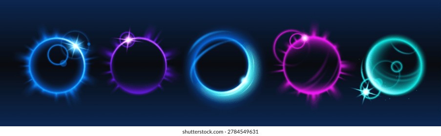 Solar and moon eclipse with glowing corona ring, smoke and dramatic light rays, vector set isolated on dark background. Space collection with neon halo and bokeh effect, full sun eclipse phases