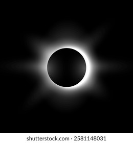 Solar or moon eclipse with light rays. Realistic full planet eclipse in dark universe. White glowing space star with round dark silhouette. Astronomy vector design on black background