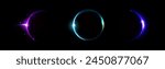 Solar or moon eclipse rings set isolated on black background. Vector realistic illustration of neon light circle, crescent glowing in dark sky, blue, green, purple sun edges with shimmering particles