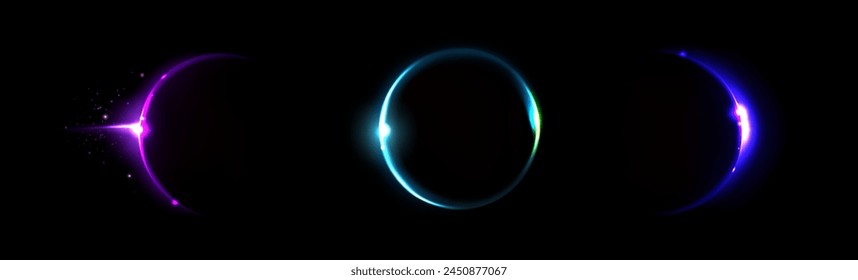 Solar or moon eclipse rings set isolated on black background. Vector realistic illustration of neon light circle, crescent glowing in dark sky, blue, green, purple sun edges with shimmering particles