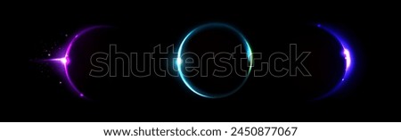 Solar or moon eclipse rings set isolated on black background. Vector realistic illustration of neon light circle, crescent glowing in dark sky, blue, green, purple sun edges with shimmering particles
