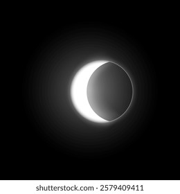 Solar or moon eclipse. Shiny crescent on round aura, lunar halo vector illustration. Realistic white glowing cosmic planet in dark universe. Astronomical phenomenon on black background