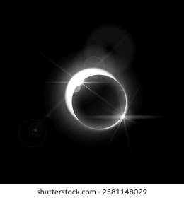 Solar or moon eclipse with spark and halo effects vector illustration. Shiny crescent on round aura and dark globe silhouette. White glowing space planets in dark universe. Realistic celestial objects