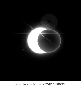 Solar or moon eclipse with spark and halo effects vector illustration. White glowing space planets in dark universe. Shiny crescent on round aura and globe dark silhouette. Realistic celestial objects