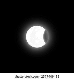 Solar or moon eclipse vector illustration. Shiny crescent on round aura, lunar halo on black background. Realistic white glowing cosmic planet in dark universe. Astronomical phenomenon