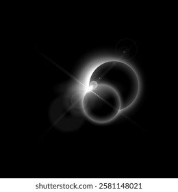 Solar or moon eclipse with white blur light. Vector realistic partial planet eclipse in dark universe. Glowing space planets, shiny round aura with globe dark silhouette, spark and halo effects