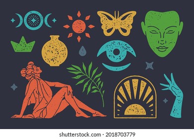 Solar mystical gate with boho meditative face. Seated antique woman in cape and ocular symbol of eye and butterfly. Ancient vase with crown and hand casting spell. Vector flat illustration