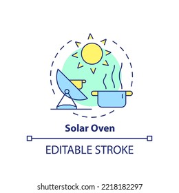 Solar oven concept icon. Renewable sources. Parabolic cooker. Sun energy abstract idea thin line illustration. Isolated outline drawing. Editable stroke. Arial, Myriad Pro-Bold fonts used