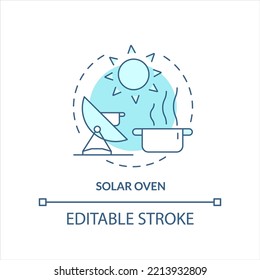 Solar oven turquoise concept icon. Alternative sources. Parabolic cooker. Sun heater abstract idea thin line illustration. Isolated outline drawing. Editable stroke. Arial, Myriad Pro-Bold fonts used