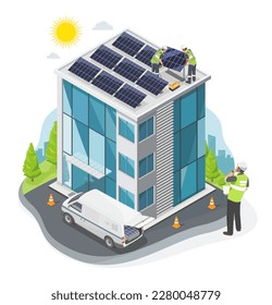 Palanetas solares Tejido de la instalación superior Equipo de instalación Ingeniero Servicio Oficina Estación de Trabajo Glass Edificio de la ciudad Ahorro de energía concepto ecología ilustración aislada isométrica vector de cartografía