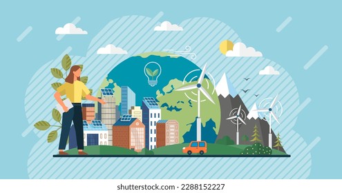 Solar panel, alternative electricity source, sustainable resources. Home electricity with battery energy storage system on modern house. Wind energy. Green energy. Windmills house with solar panel