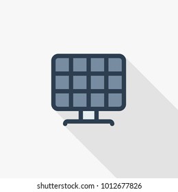 solar panel, alternative sun energy thin line flat color icon. Linear vector illustration. Pictogram isolated on white background. Colorful long shadow design.