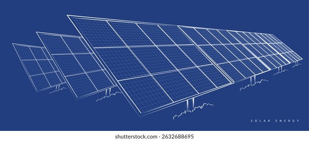 Solar panel array for clean energy, sustainability, eco-friendly technology, and renewable power generation on a blue background. vector design.