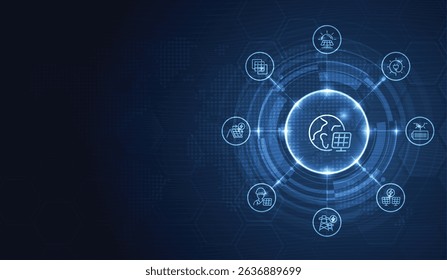 Solar panel array for clean energy, global solar energy network, clean technology icons, and renewable power innovation on digital world map background. vector design. 