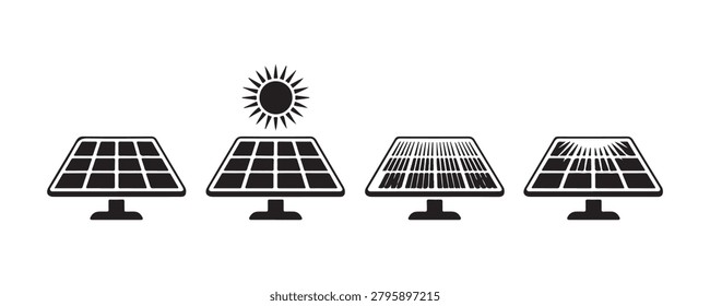 Solar panel arrays perspective icons sun shining on clean energy technology symbols renewable power.