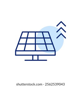 Solar panel and arrows up. Raise in sustainable energy use, progress fuelled by renewable power. Pixel perfect, editable stroke icon