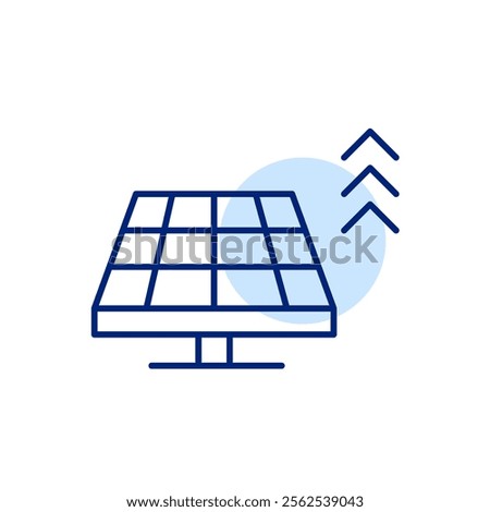 Solar panel and arrows up. Raise in sustainable energy use, progress fuelled by renewable power. Pixel perfect, editable stroke icon