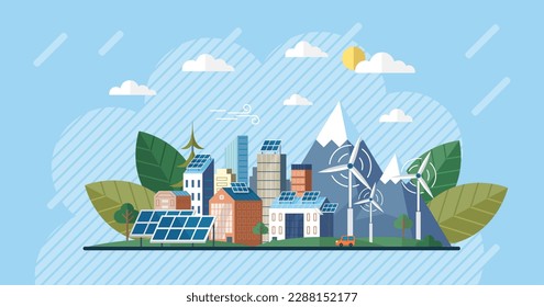 Solar panel and batteries with sun. Electric car charging on renewable smart power off-grid system. Solar panels wind turbines or alternative sources of energy. Eco friendly, sustainable. Smart city