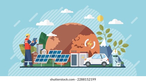 Solar panel and batteries with sun. Electric car charging on renewable smart power off-grid system. Solar panels and wind turbines or alternative sources of energy. Eco friendly, sustainable