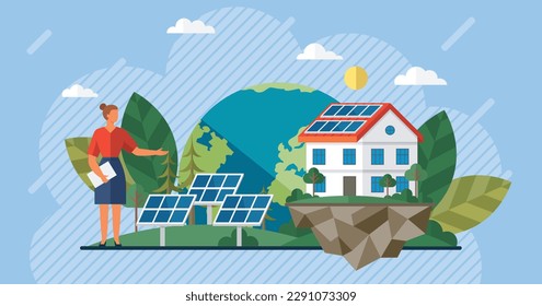 Solar panel and batteries with sun. Electric car charging on renewable smart power off-grid system. Solar cell panels. Solar battery solar panel. Renewable alternative energy concept. Eco presentation