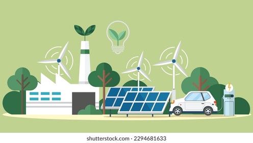 Solar panel and batteries with sun. Electric car charging on renewable smart power off-grid system. Solar panels and wind turbines or alternative sources of energy. Vector icons wind turbines