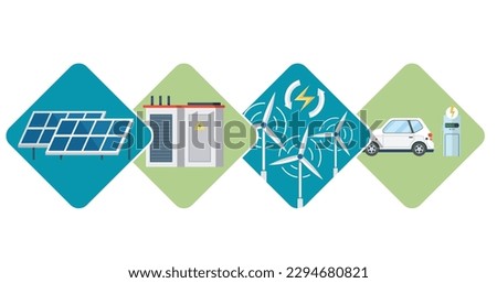 Solar panel and batteries with sun. Electric car charging on renewable smart power off-grid system. Solar panels and wind turbines or alternative sources of energy. Vector icons wind turbines