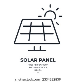 Icono de contorno de trazo modificable de la batería del panel solar aislado en ilustración vectorial plana de fondo blanco. Pixel perfecto. 64 x 64.