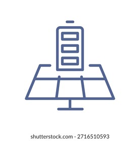 Solar panel and battery icon, renewable energy storage symbol for sustainable electricity systems and clean power technology line flat vector illustration.

