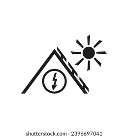 Solar panel battery on the roof of the house with electric lightning and the sun.
