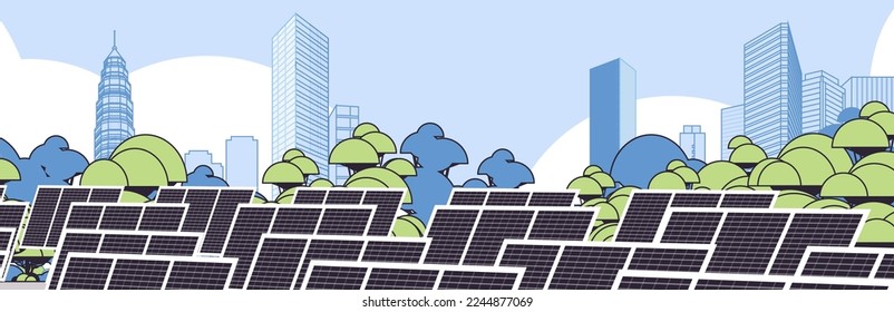 solar panel battery renewable energy source concept city skyscraper view cityscape background horizontal linear