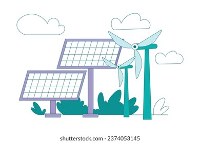 Ilustración de vectores ecológicos con batería de panel solar y molino de viento