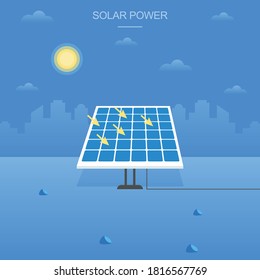 Solar Panel Blue background with solar panels and urban landscape background