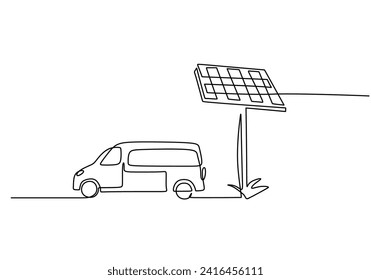 Solarpaneel mit Auto in kontinuierlicher 1-zeiliger Kunstzeichnung. Ökofahrzeug-Konzept für umweltfreundliche Energie