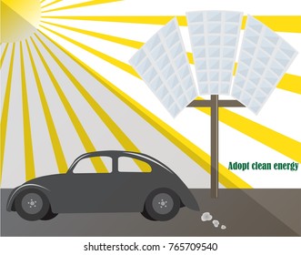 Solar panel, car emitting smoke and sun. Adopt clean, renewable energy. Environment, ecology awareness. Poster, message.