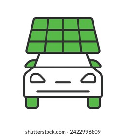 Panel solar para un icono de coche en verde de diseño de línea. Solar, panel, auto, energía, energía, sol, electricidad, techo, verde, carga aislada sobre el vector de fondo blanco. Panel solar para un icono de trazo modificable del coche.