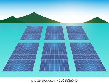 Solar Panel. Solar Cell. Solar Cell Power Plant. Floating Solar Farm. Vector Illustration.