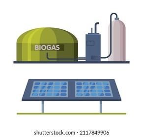 Solar Panel with Cells and Biogas as Ecology and Environment Protection and Conservation Vector Set
