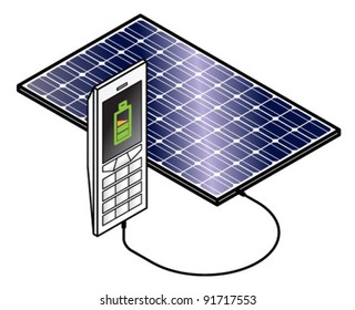 Solar panel charging a basic mobile/cellular phone.