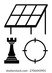 Painel solar, torre de xadrez e símbolos de foco de alvo. Ideal para sustentabilidade, eficiência energética, planejamento de estratégia, metas de metas, recursos renováveis e tarefas de precisão da tecnologia ecológica. Linha