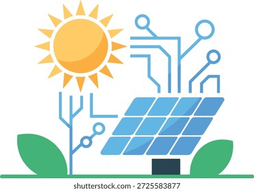 Panel solar con placa de circuito y sol que simboliza la energía renovable y la integración de la tecnología