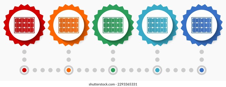 Solar panel, clean energy, power vector icon set, colorful infographic template, set of flat design badge icons in 5 color options