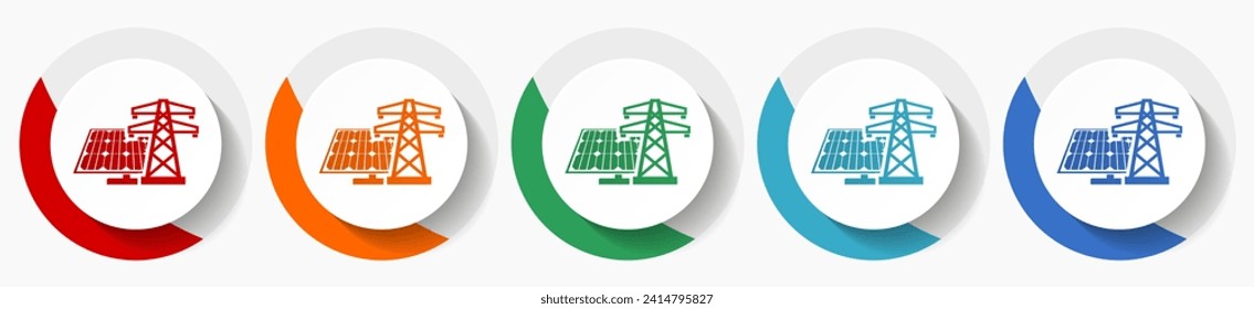 Solar panel, clean energy, power vector icon set, flat icons for logo design, webdesign and mobile applications, colorful round buttons