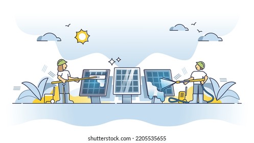 Limpieza de paneles solares para el concepto de contorno de células colectoras de luz solar. Limpieza y brillo después del mantenimiento profesional y lavado de la ilustración del vector de polvo. Servicio de mejora del rendimiento.